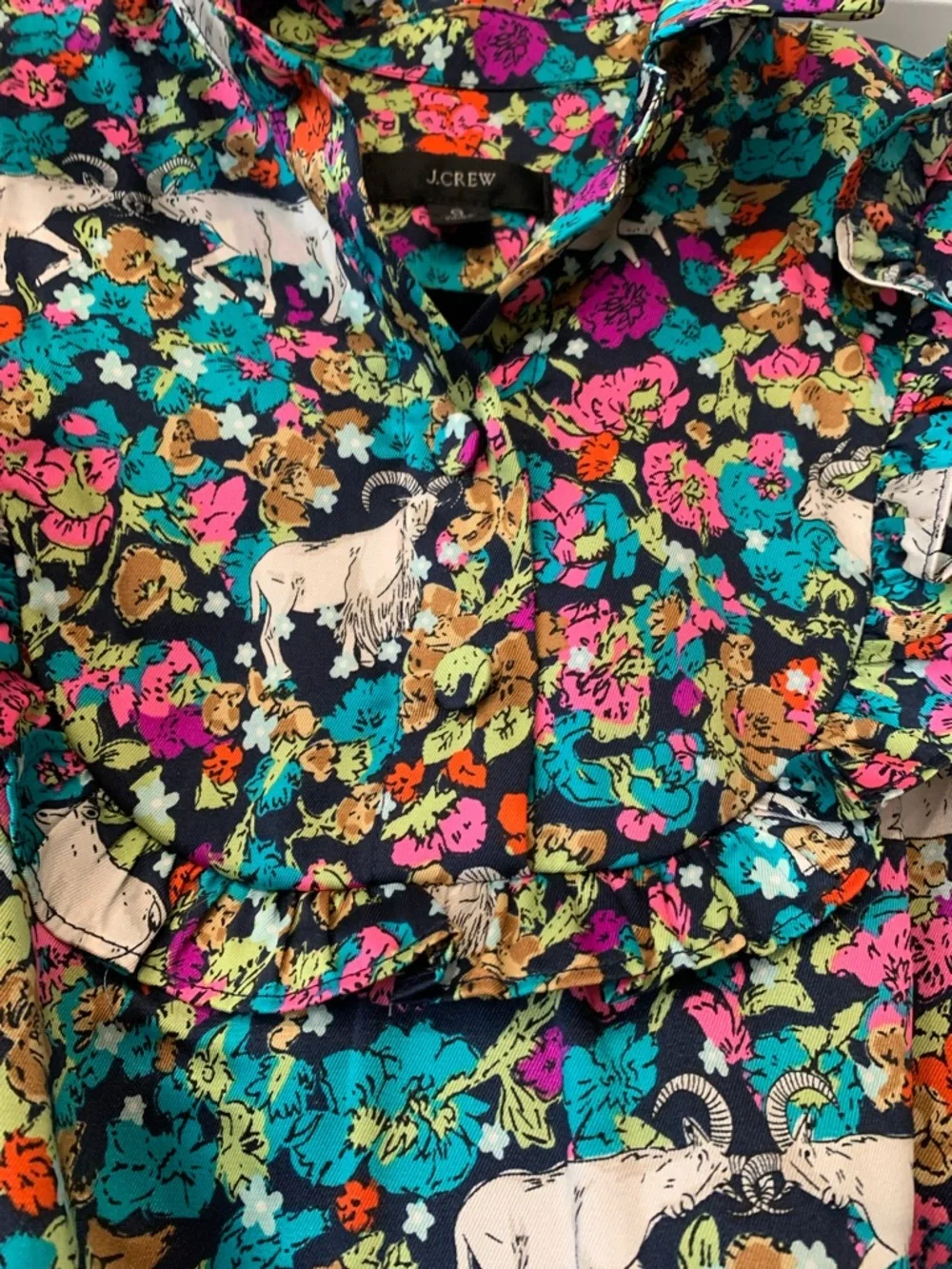 J. Crew Teal Floral “ Grazing Goats”  Long Sleeve Shirt Dress with Belt 0 NWOT